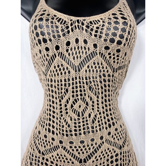 New Medium Khaki Tan Beige Knit Crochet Swimsuit Cover Up Mini Dress Slit Beach - Picture 5 of 7